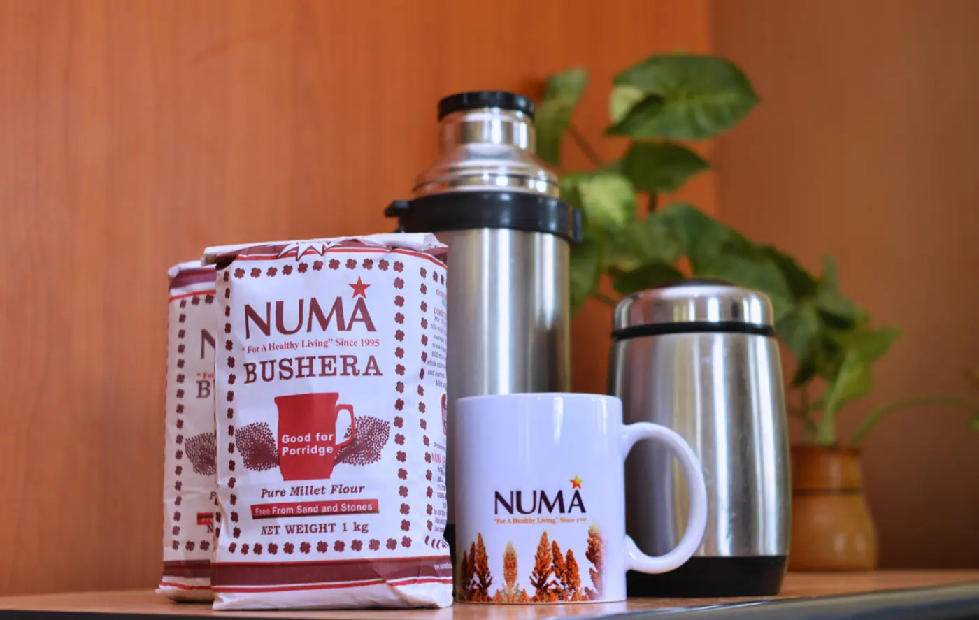 Numa Bushera millet flour with a thermos and NUMA mug
